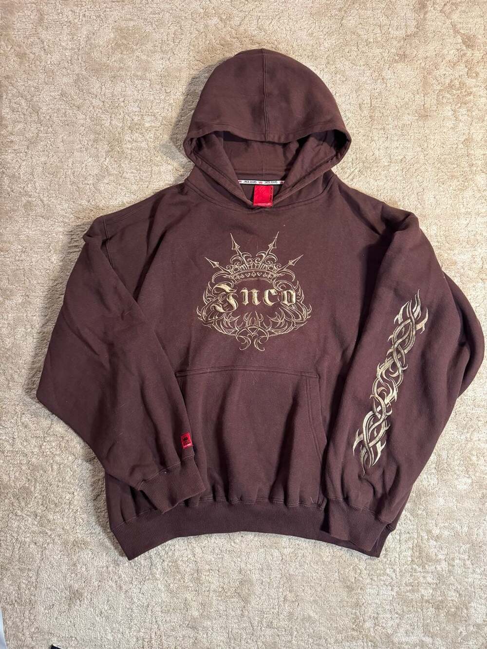 Vintage JNCO Jeans Y2K Tribal Logo Embroidered Brown Hoodie
